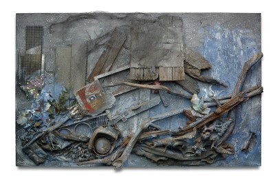 An abstract painting in which branches, ads, and more are painted blue and grey.