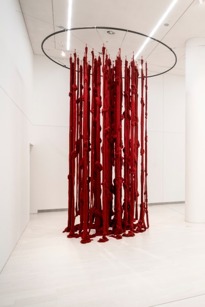 Knotted red threads hanging from a circular frame.