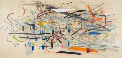 An abstraction resembling an architectural plan whose pieces have blown apart.