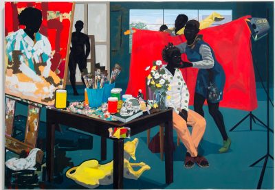 A painting of a Black model and Black assistants in an artist's studio. The model sits in a chair while another person poses their head and others hold up a red backdrop.