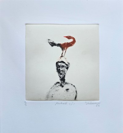 A monoprint of a man with a bird on his head. 