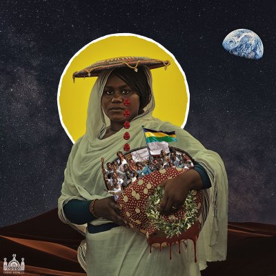 A collage showing a Sudanese woman in a green head scarf holding a basket that shows various young Sudanese men and a flag with black, yellow, and green stripes. She is set in a cosmic background with the earth seen in the upper right corner like a moon. 