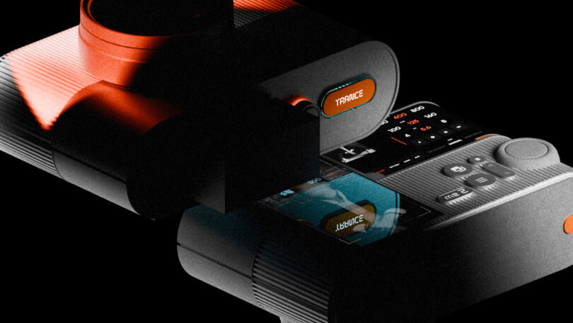 A vintage-style camera with a screen displaying a mirrored image, featuring various control buttons and dials, captured in dim lighting.