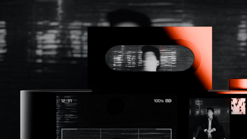 A blurred monochrome figure is on a digital screen with blocky shapes and orange accents overlapping in an abstract design.