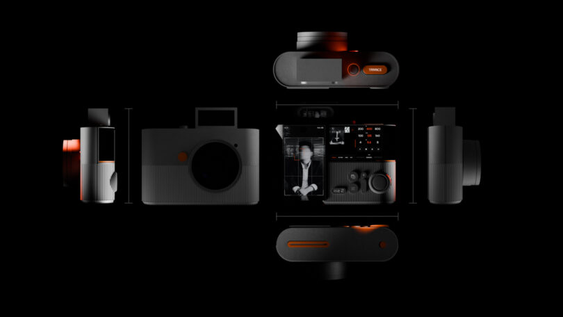 Technical diagram of a camera, showing various angles and internal components against a black background.