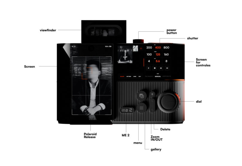 Front view of a camera displaying labeled parts, including screen, viewfinder, power button, shutter, controls, dial, menu, gallery, delete, zoom in/out, and Polaroid release.