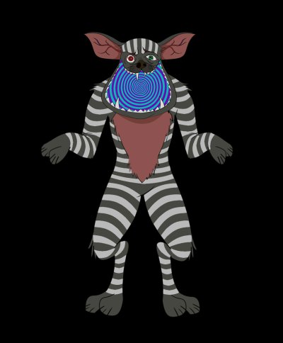 A drawing of a standing dog with gray-and-white stripes. Its mouth is open with a blue-and-purple circle wheel.