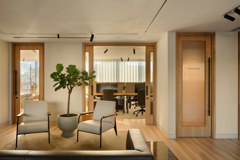 Modern office space with two chairs, a potted plant, and a view into a meeting area with desks and computers. Wooden doors with glass panels define the area marked as the Zoom Room.
