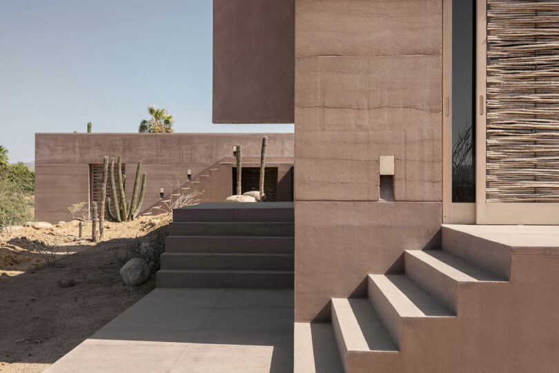 Modern desert home with brown rectangular structures and concrete steps. Cacti and dry landscape surround the building.