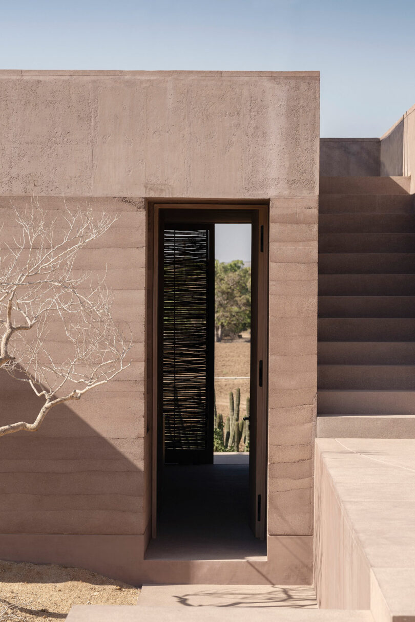 Modern concrete structure with a tree in the foreground and a doorway partially revealing a natural landscape. Steps on the right lead upward.