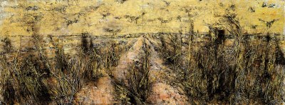 A painting of a hay field with crows flying over it. The sky is painted gold.