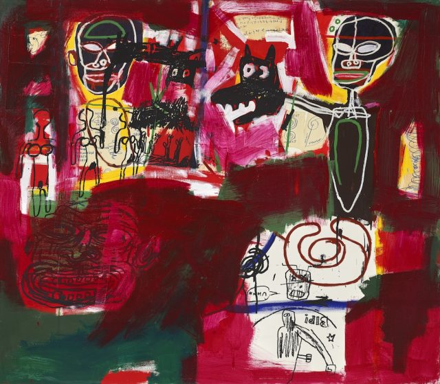 A punchy hot pink and maroon picture by Jean-Michel Basquiat