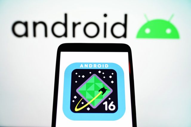 Android-is-adding-Auracast-support-which-allows-hearing-aids-to.jpg In this photo illustration, an Android 16 logo is seen on a smartphone screen