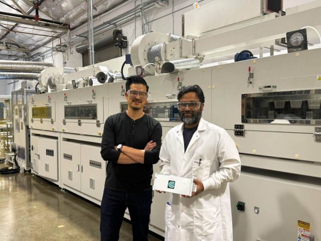 Coreshell-has-a-plan-to-slash-the-price-of-American-made.jpeg Coreshell founders Jonathan Tan and Roger Basu hold a sample battery.