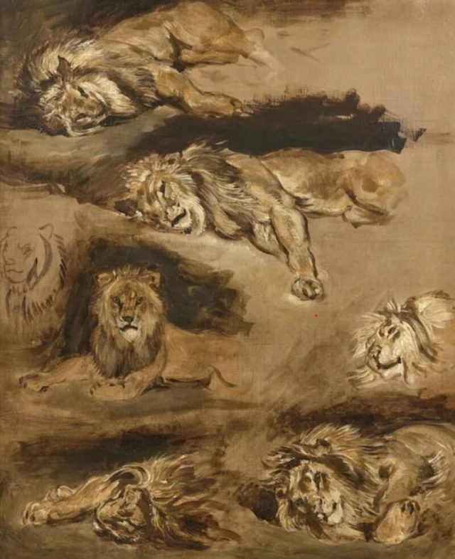 Delacroix-Oil-Study-Discovered-in-Living-Room-of-French-Home.jpg Several painted sketches of lions.
