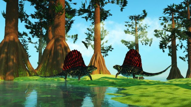 Even-the-worst-mass-extinction-had-its-oases.jpg Image of two large reptiles in a swampy environment with lots of trees. The animals and trees are nothing like today's suggesting a scene from the distant past.