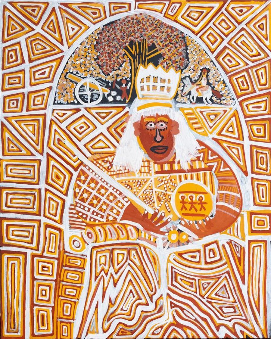 Johnathon World Peace Bush, Queen Victoria II (statues), 2024. Locally sourced ochres on linen, 1.5 × 1.2 m. Courtesy: the artist and THIS IS NO FANTASY