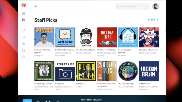 Pocket-Casts-makes-its-web-player-free-takes-shots-at.png Image with red background showing PocketCasts open in a browser to a directory of shows, with The Daily podcast open in a player at bottom.
