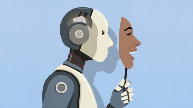 Researchers-astonished-by-tools-apparent-success-at-revealing-AIs-hidden.jpg Robot hiding behind happy human face mask on blue background