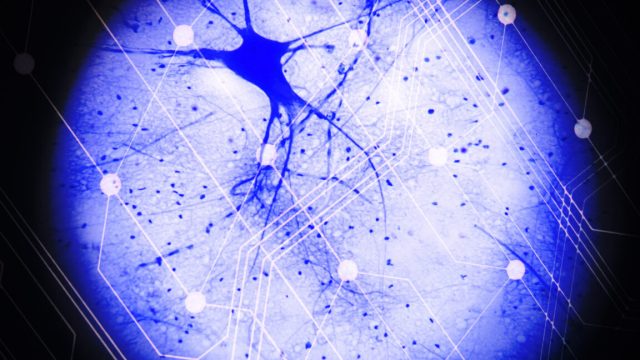 A cartoon circuit layout overlain on top of an image of a neuron, false colored in blue.