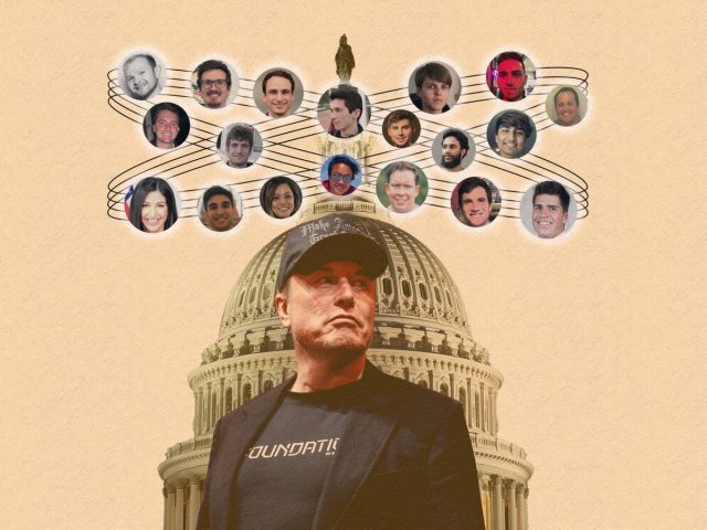 The-people-in-Elon-Musks-DOGE-universe.jpg an illustration of Elon Musk, stood in front of a graphic of the U.S. Capitol, with various faces around Musk of those who are in his inner circle, including DOGE members.
