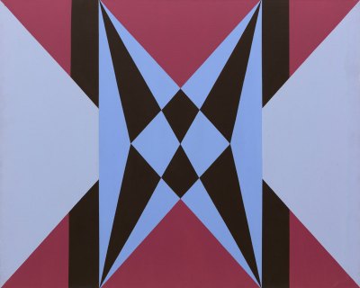 A geometric abstraction in blacks, purples, and blues. 
