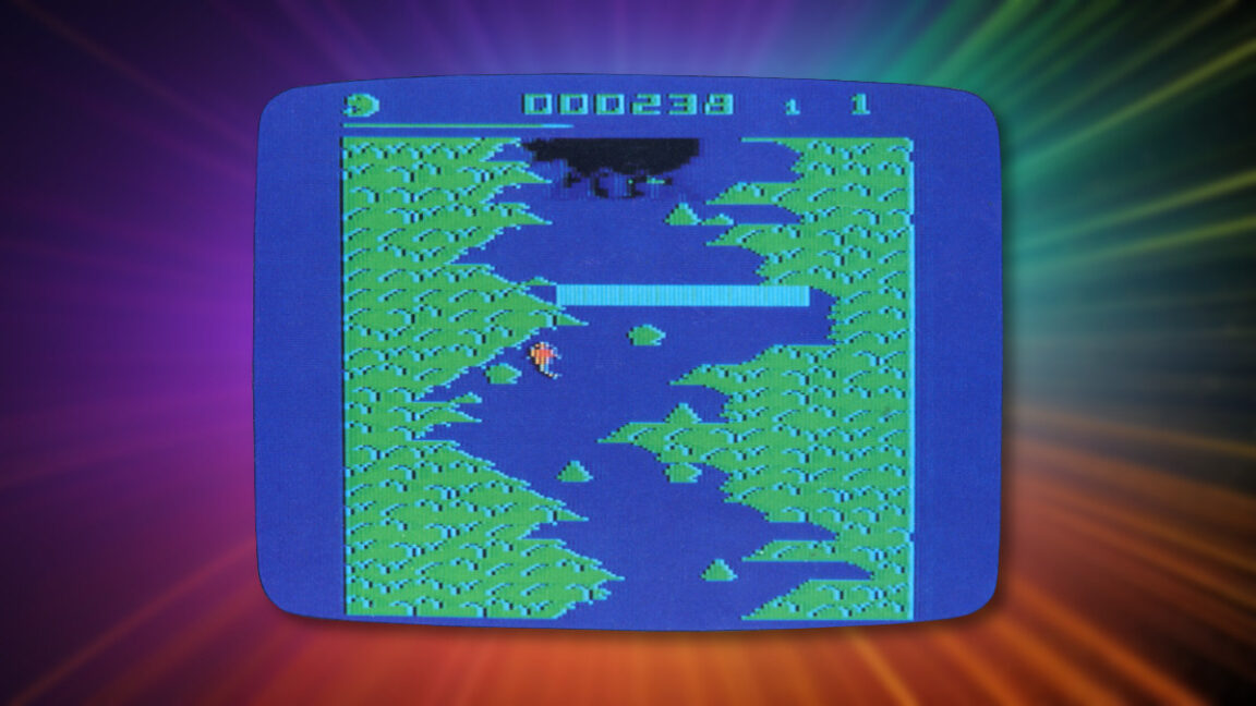 A 1982 screenshot of Salmon Run for the Atari 400/800 computers from Atari Program Exchange.
