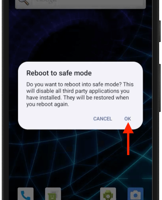 An Android screenshot with a dialog box that reads,
