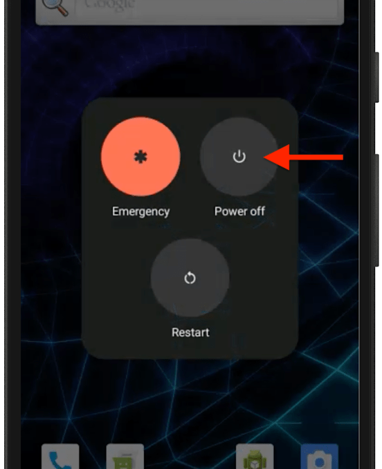 an Android screenshot showing the power options, with a red arrow over the