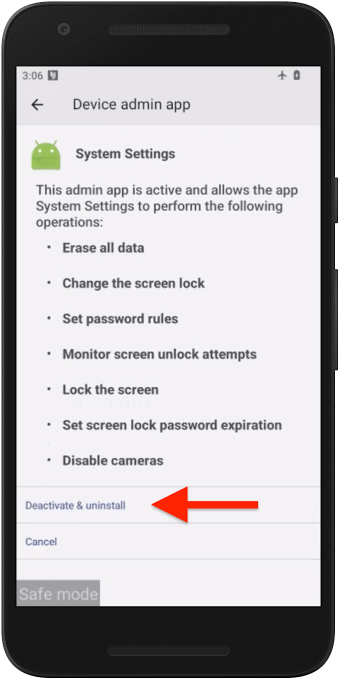 An Android screenshot showing a spyware called 'System Settings' as an installed device admin app, with a red arrow pointing to the