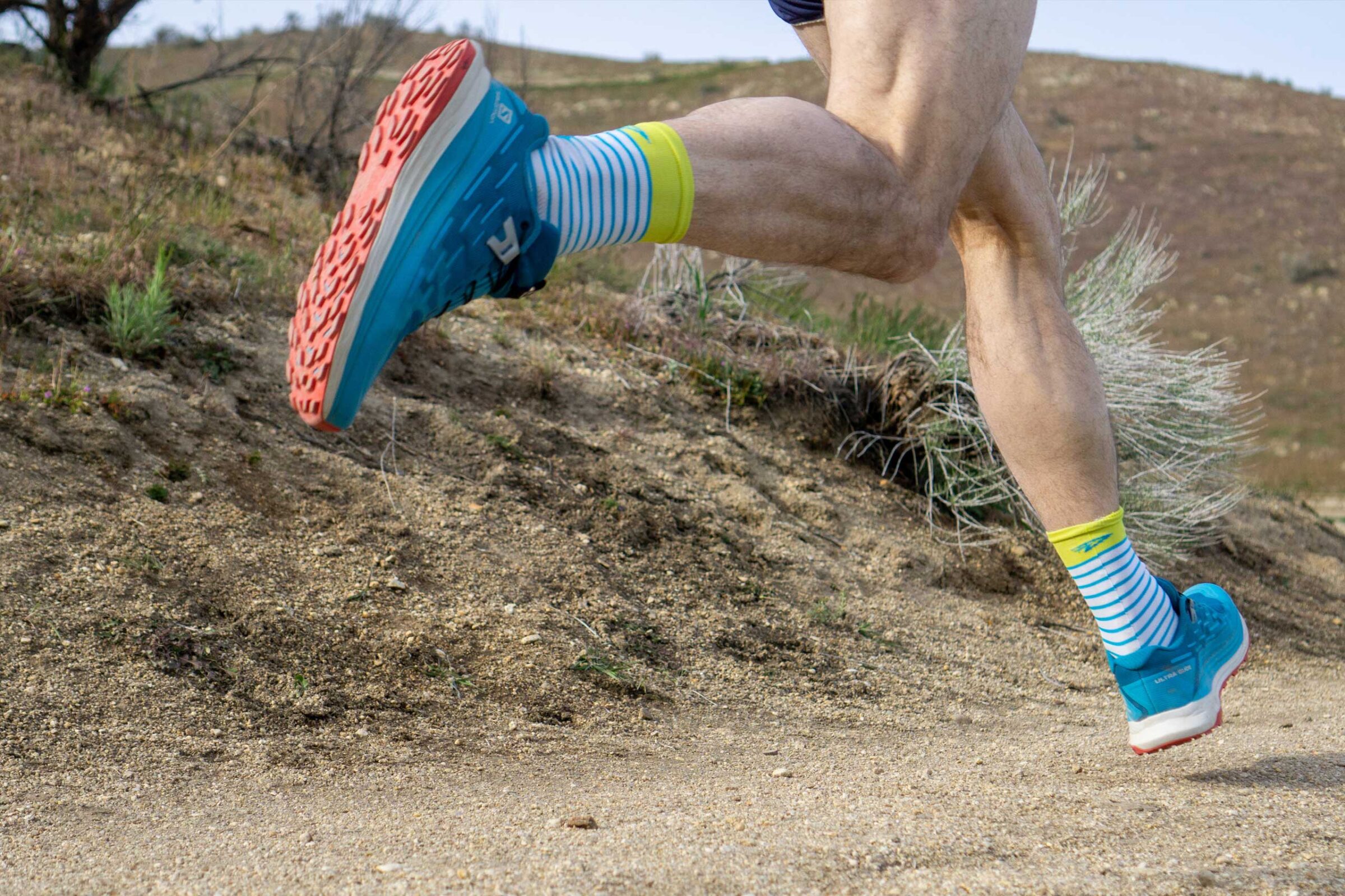 A closeup view of trail running shoes