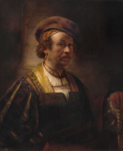 A portrait of the artist Rembrandt in regal 17th-century clothing against a muddy brown-black background. 