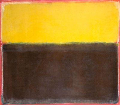An abstract painting with the upper third being a bright yellow, the lower two-thirds a muddy black. The border is a light red and each section has a white outline. 