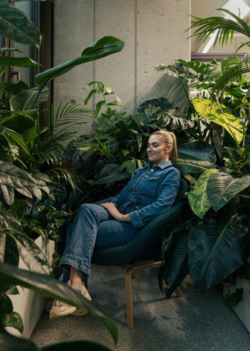 A person in denim sits in a green chair surrounded by lush indoor plants, against a concrete wall, with natural light filtering through a window.
