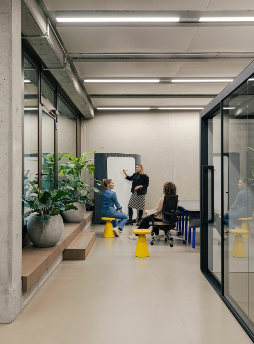 A woman stands and presents to two seated women in a modern office space with large windows, plants, and a whiteboard.