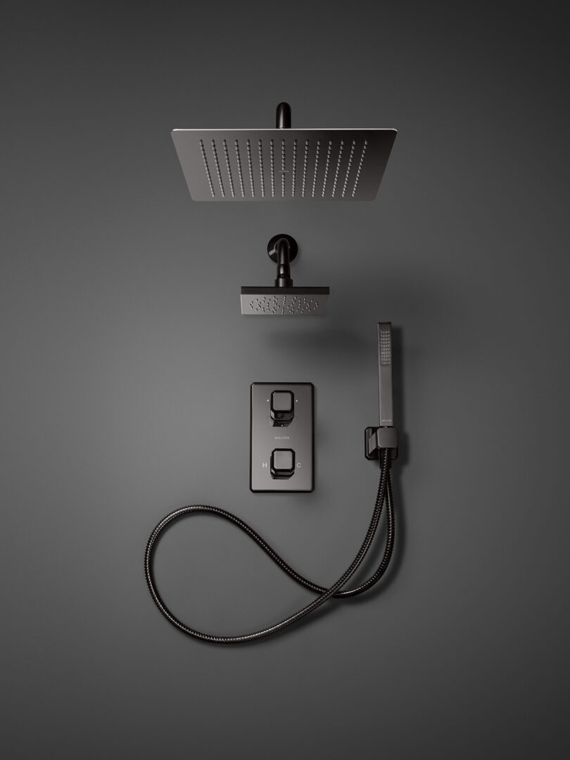 Matte black shower fixture on a dark gray background, featuring a square showerhead, handheld spray, flexible hose, and dual control knobs.