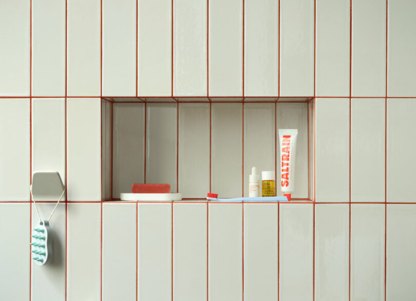 Bathroom shelf set into tiled wall, holding toiletries including a red soap block, dropper bottle, toothpaste tube, and other items. Toothbrush hangs from a hook on the left