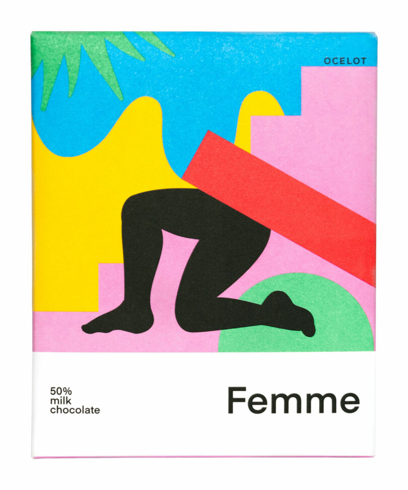 Abstract chocolate bar packaging features a silhouette of bent legs against colorful shapes, with text reading
