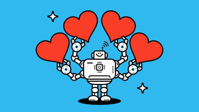 Annoyed-ChatGPT-users-complain-about-bots-relentlessly-positive-tone.jpg An illustrated robot holds four red hearts with its four robotic arms.