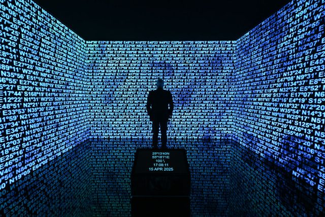 Directions (Merging), a new digital artwork by Mohammed Kazem, commissioned by Julius Baer and debuting at Art Dubai is seen on Day 1 of Art Dubai 2025 at Madinat Jumeirah Conference and Events Centre on April 15, 2025 in Dubai, United Arab Emirates.  (Photo by Cedric Ribeiro/Getty Images for Art Dubai)