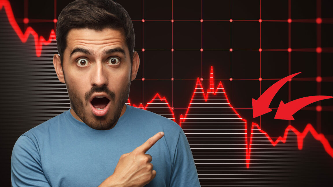 A man so surprised his head has grown several sizes too large in front of a scary stock chart with red arrows