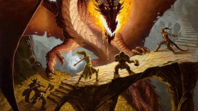 Everything-but-the-Beholders-DD-updates-core-rules-sticks-with.jpeg A dragon, mouth aflame, towering over an adventuring party that includes a spellcaster, axe-wielding barbarian, and bow-wielding ranger.