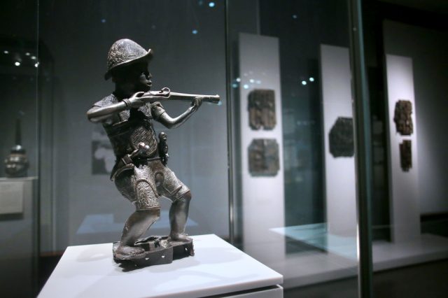 Boston - November 18: Portuguese Soldier from the 16th century, part of the Benin Kingdom collection at the MFA in Boston on Nov. 18, 2021.  The MFA must decide what to do with their The Benin Kingdom collection, which was looted by British troops during an expedition. (Photo by Lane Turner/The Boston Globe via Getty Images)