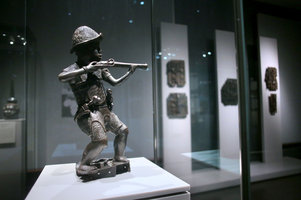 Boston - November 18: Portuguese Soldier from the 16th century, part of the Benin Kingdom collection at the MFA in Boston on Nov. 18, 2021.  The MFA must decide what to do with their The Benin Kingdom collection, which was looted by British troops during an expedition. (Photo by Lane Turner/The Boston Globe via Getty Images)