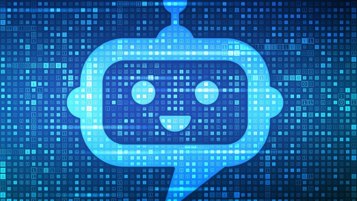 Illustration of a robot's head on a digital background, to represent an artificial intelligence chatbot