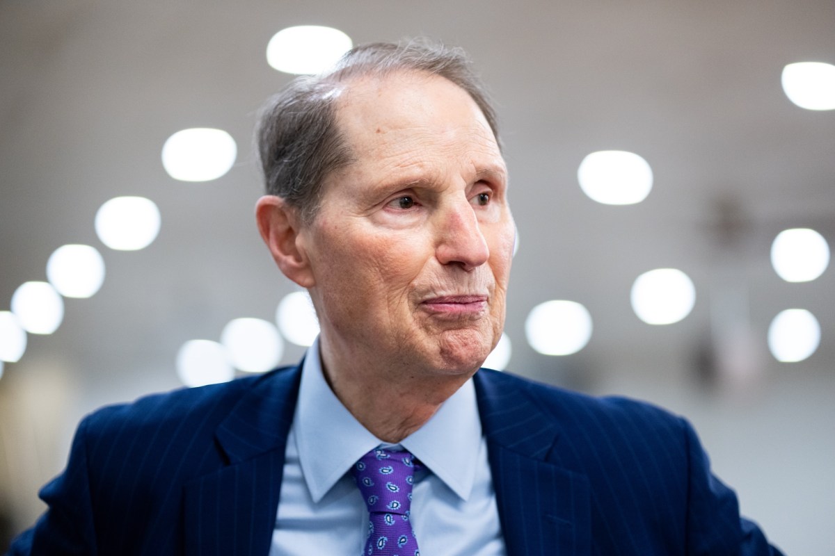 Senator-puts-hold-on-Trumps-nominee-for-CISA-director-citing.jpg a photo of Ron Wyden in the Senate speaking to a reporter on April 8, 2025