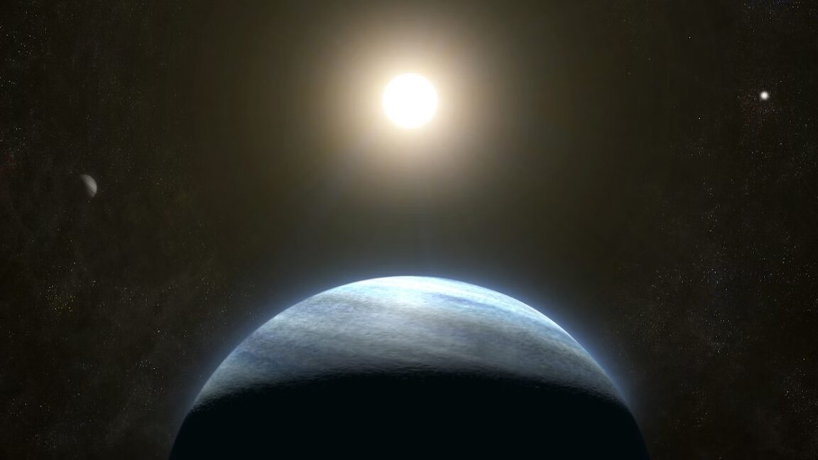Image of a planet, with part of its disk in the dark, and a bright star in the background.