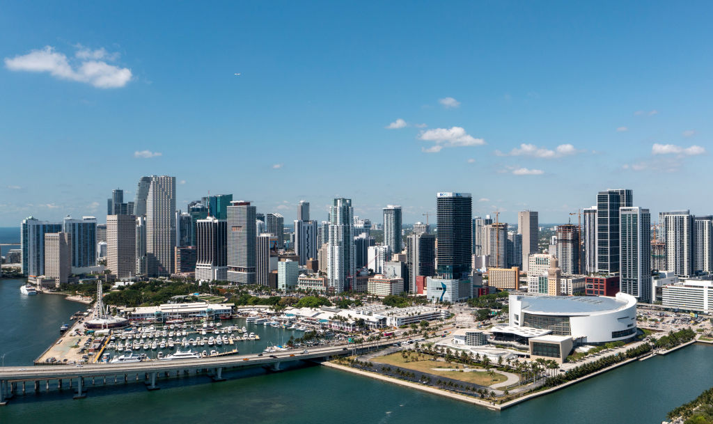 MIAMI, FLORIDA - MAY 31: A general aerial view of downtown including Bayside Marketplace and the Kaseya Center on May 31, 2024 in Miami, Florida. (Photo by Cliff Hawkins - FIFA/FIFA via Getty Images)