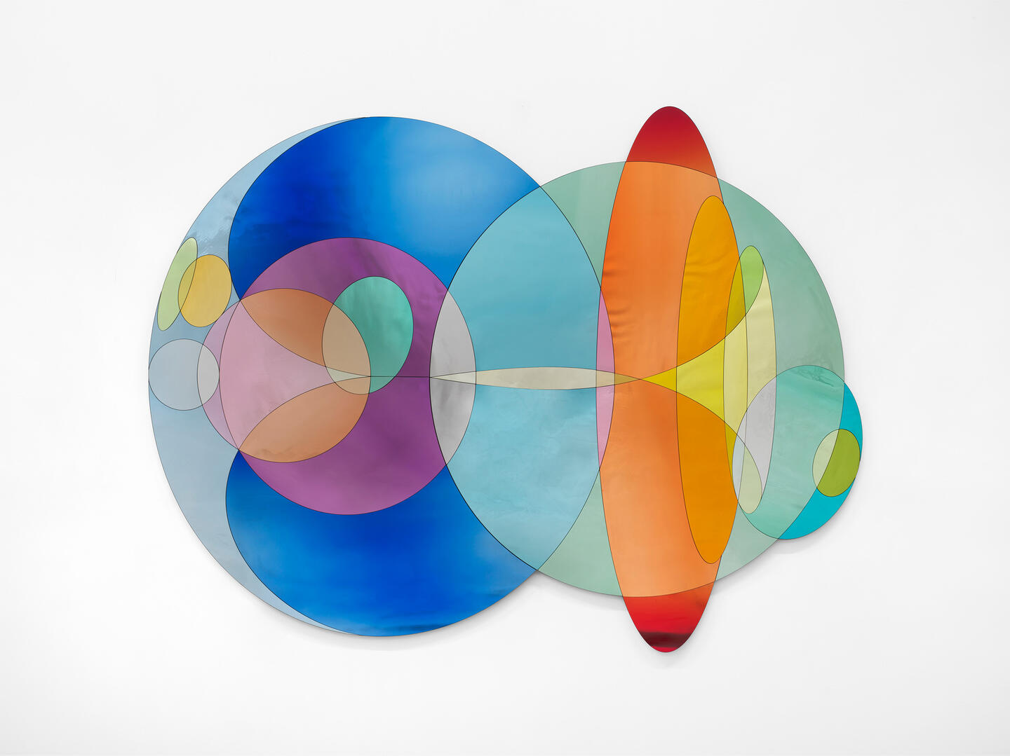 Olafur Eliasson, Cold light heating flare, 2025 Silvered coloured glass (shades of blue, turquoise, green, yellow, orange, red, pink, purple), composite board, aluminium, 155 × 203 × 3.5 cm. Presented by Tanya Bonakdar Gallery