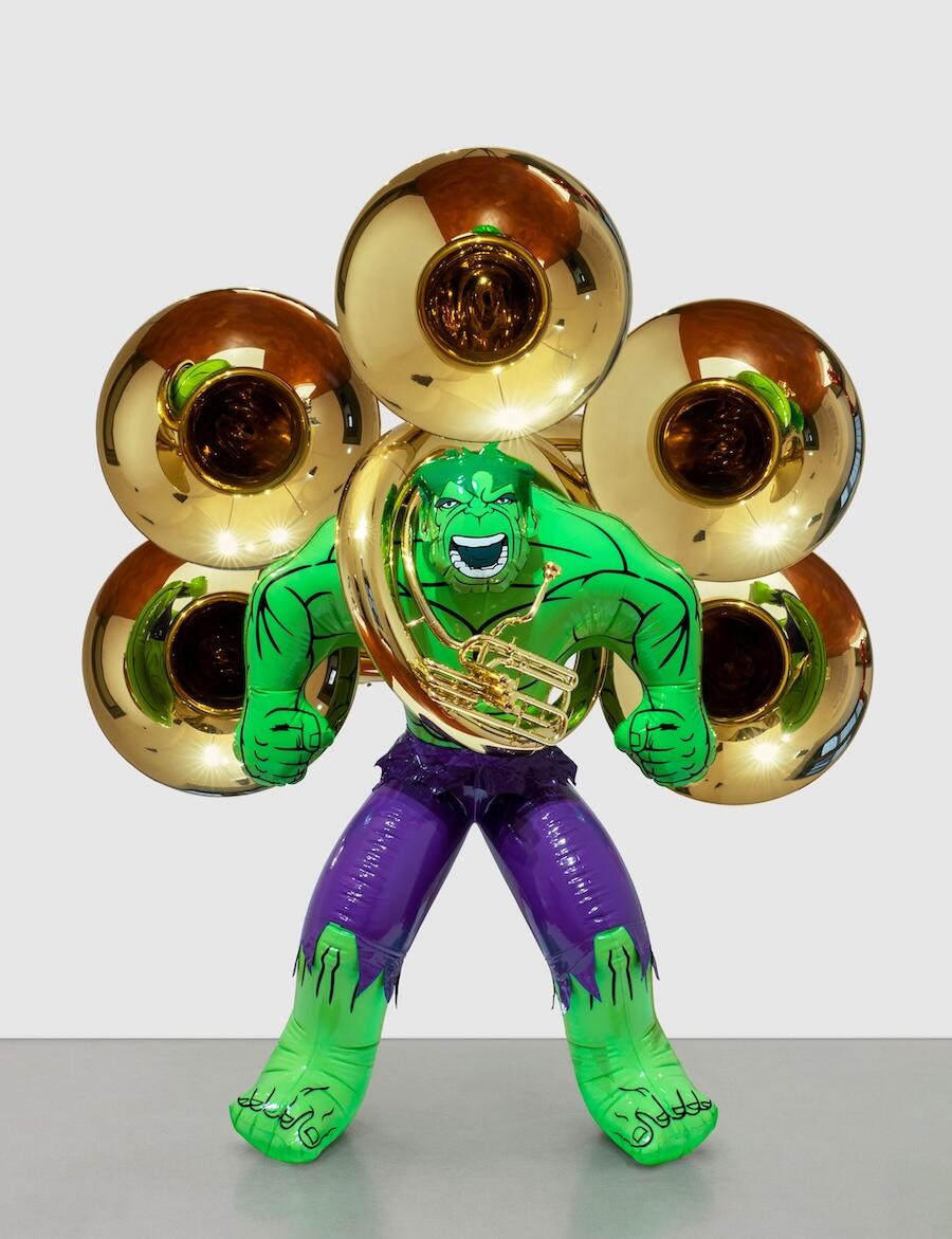 Jeff Koons, Hulk (Tubas), 2004–18, polychromed bronze and brass, 97 1/4 × 82 3/4 × 48 1/8 inches (247 × 210 × 122.2 cm), edition of 3 + AP © Jeff Koons. Incredible HulkTM and © Marvel. All rights reserved